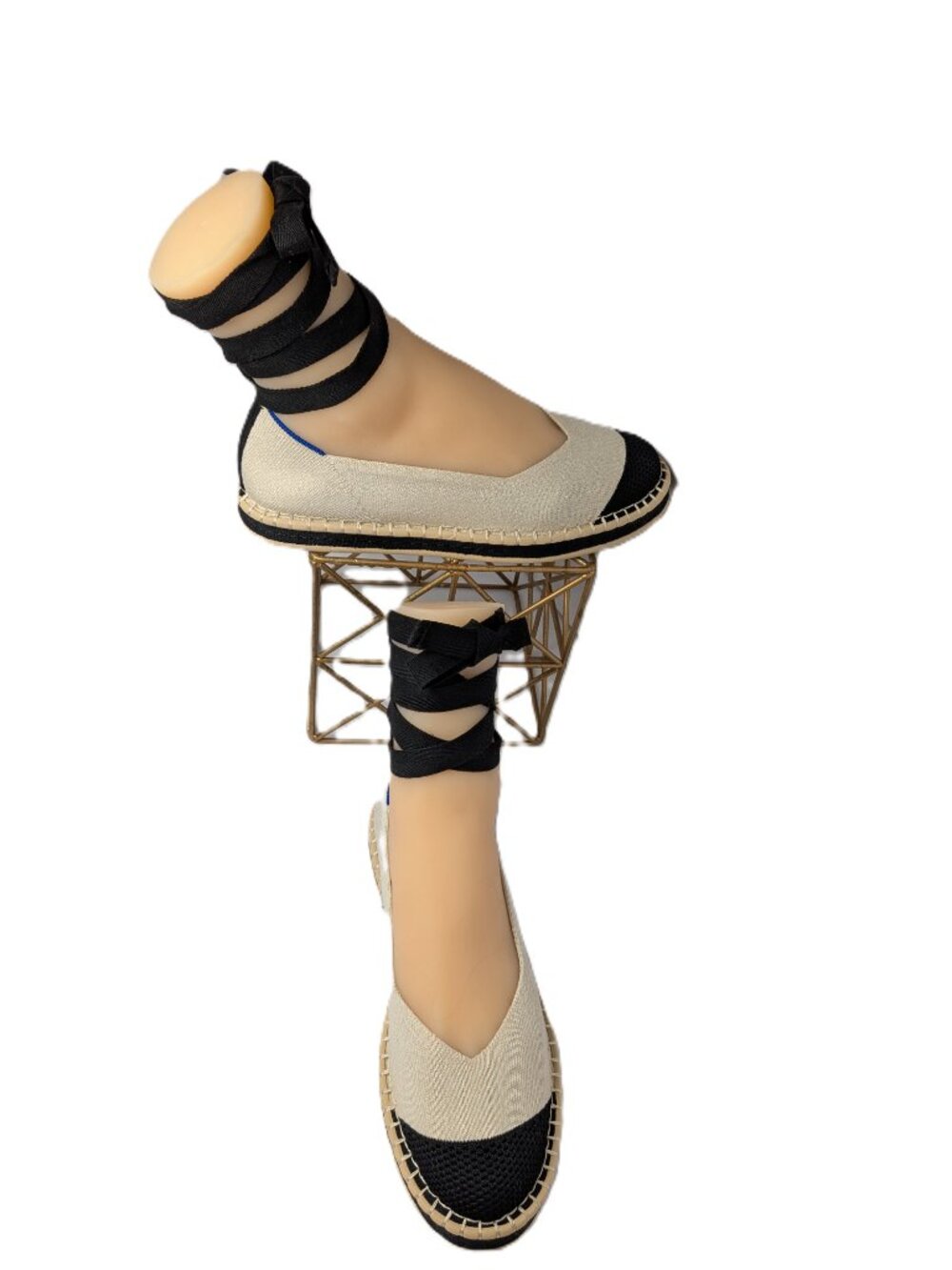 NWOT Rothy's Cream Black Espadrille Flats Ankle Wrap Laces 9.5 Sustainable - Picture 3 of 11